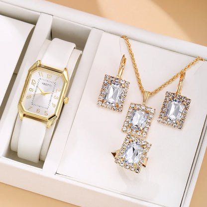 6-Piece Square Watch & Jewellery Set | 29mm Quartz Watch with Leather Strap, Necklace, Bracelet, Ring & Earrings