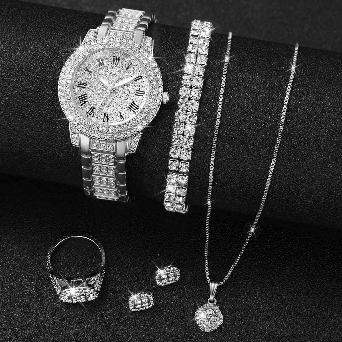 6-Piece Rhinestone Watch & Jewellery Set | 32mm Quartz Watch, Necklace, Bracelet, Ring & Earrings