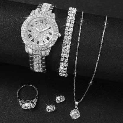 6-Piece Rhinestone Watch & Jewellery Set | 32mm Quartz Watch, Necklace, Bracelet, Ring & Earrings