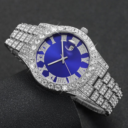 Rhinestone Calendar Watch | 42mm Roman Numeral Dial, Stainless Steel, 20mm Alloy Band