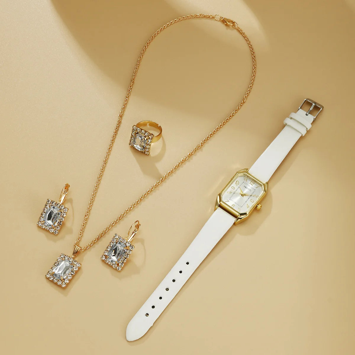 6-Piece Square Watch & Jewellery Set | 29mm Quartz Watch with Leather Strap, Necklace, Bracelet, Ring & Earrings