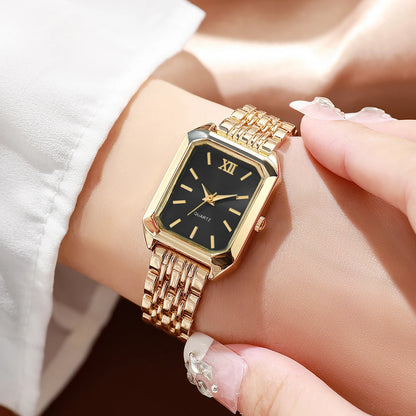 6-Piece Rectangle Watch & Heart Jewellery Set | 27mm Roman Numeral Quartz Watch, Necklace, Bracelet, Ring & Earrings