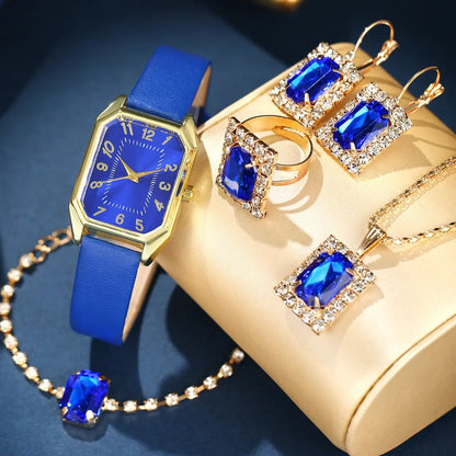 6-Piece Square Watch & Jewellery Set | 29mm Quartz Watch with Leather Strap, Necklace, Bracelet, Ring & Earrings