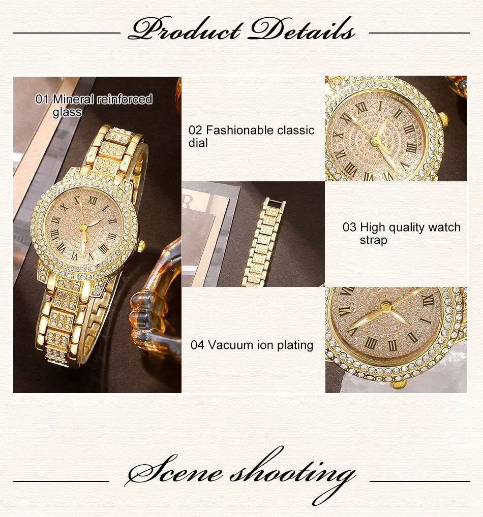 Golden Prestige 6-Piece Luxury Collection | Roman Numeral Watch & Rhinestone Jewelry Ensemble