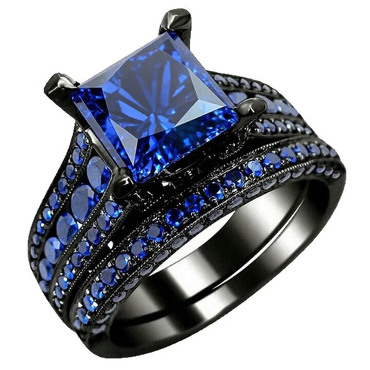 Matching Couple Rings | Black Stainless Steel & Blue Cubic Zirconia Bands
