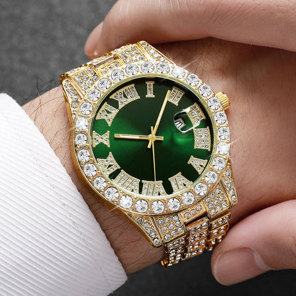 Rhinestone Calendar Watch | 42mm Roman Numeral Dial, Stainless Steel, 20mm Alloy Band