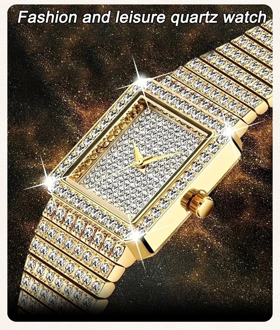 Gold Square Rhinestone Bracelet Watch for Women | Rhinestone Encrusted Quartz Timepiece