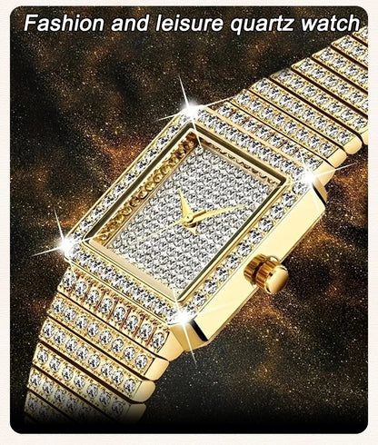 Gold Square Rhinestone Bracelet Watch for Women | Rhinestone Encrusted Quartz Timepiece