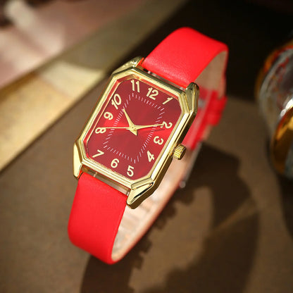 6-Piece Square Watch & Jewellery Set | 29mm Quartz Watch with Leather Strap, Necklace, Bracelet, Ring & Earrings