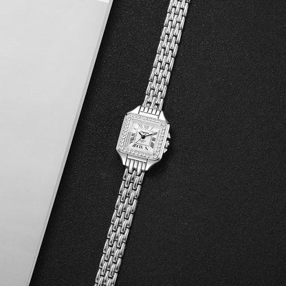 Rhinestone Square Watch | Gold-Tone Roman Numeral Dial & Slim Alloy Bracelet