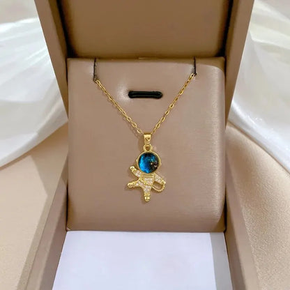 Star, Moon & Astronaut Pendant Necklace | Waterproof Titanium Steel with Zircon
