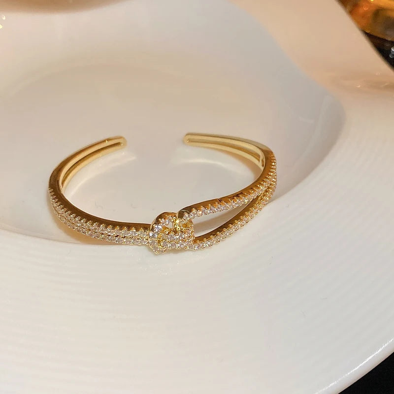 Elegant Golden Knot Cuff | Exquisite Full Zircon Minimalist Bangle for Weddings & Special Occasions