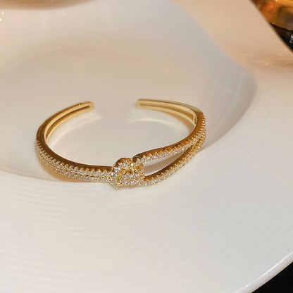 Elegant Golden Knot Cuff | Exquisite Full Zircon Minimalist Bangle for Weddings & Special Occasions