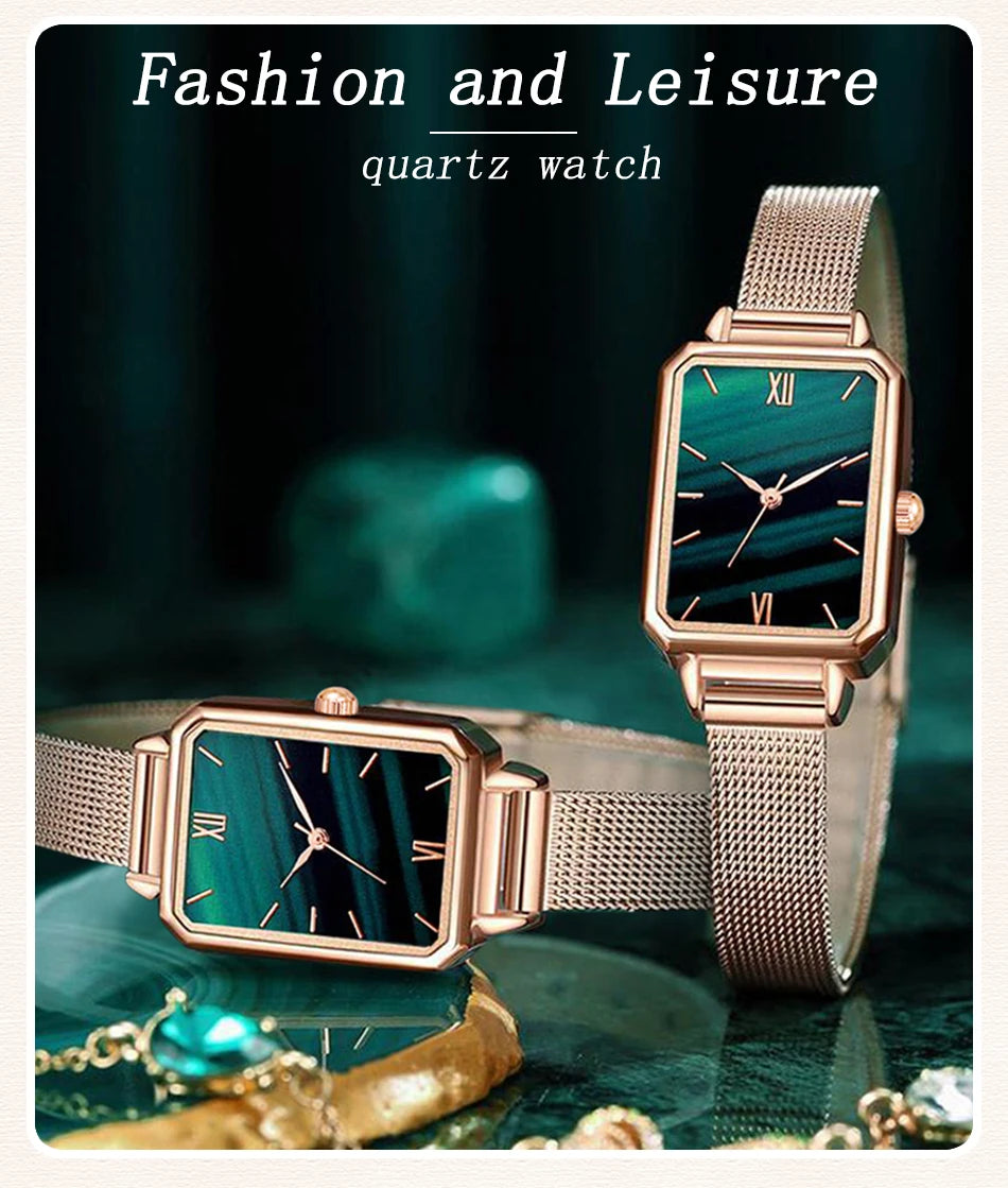 Green Dial Square Watch | Rose Gold Mesh Strap, 24mm, Roman Numerals, Quartz