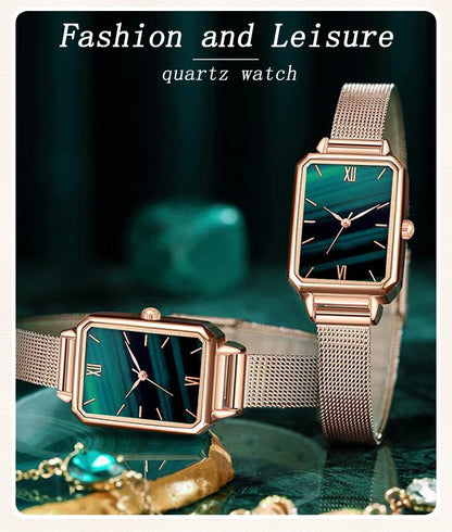 Green Dial Square Watch | Rose Gold Mesh Strap, 24mm, Roman Numerals, Quartz