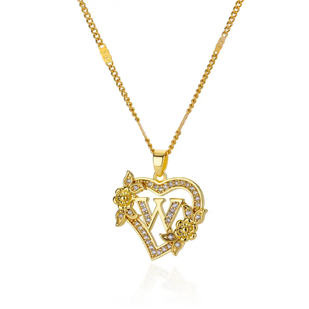 Initial Letter Heart Pendant Necklace | Zircon Flower & Personalised Letter, 316L Stainless Steel