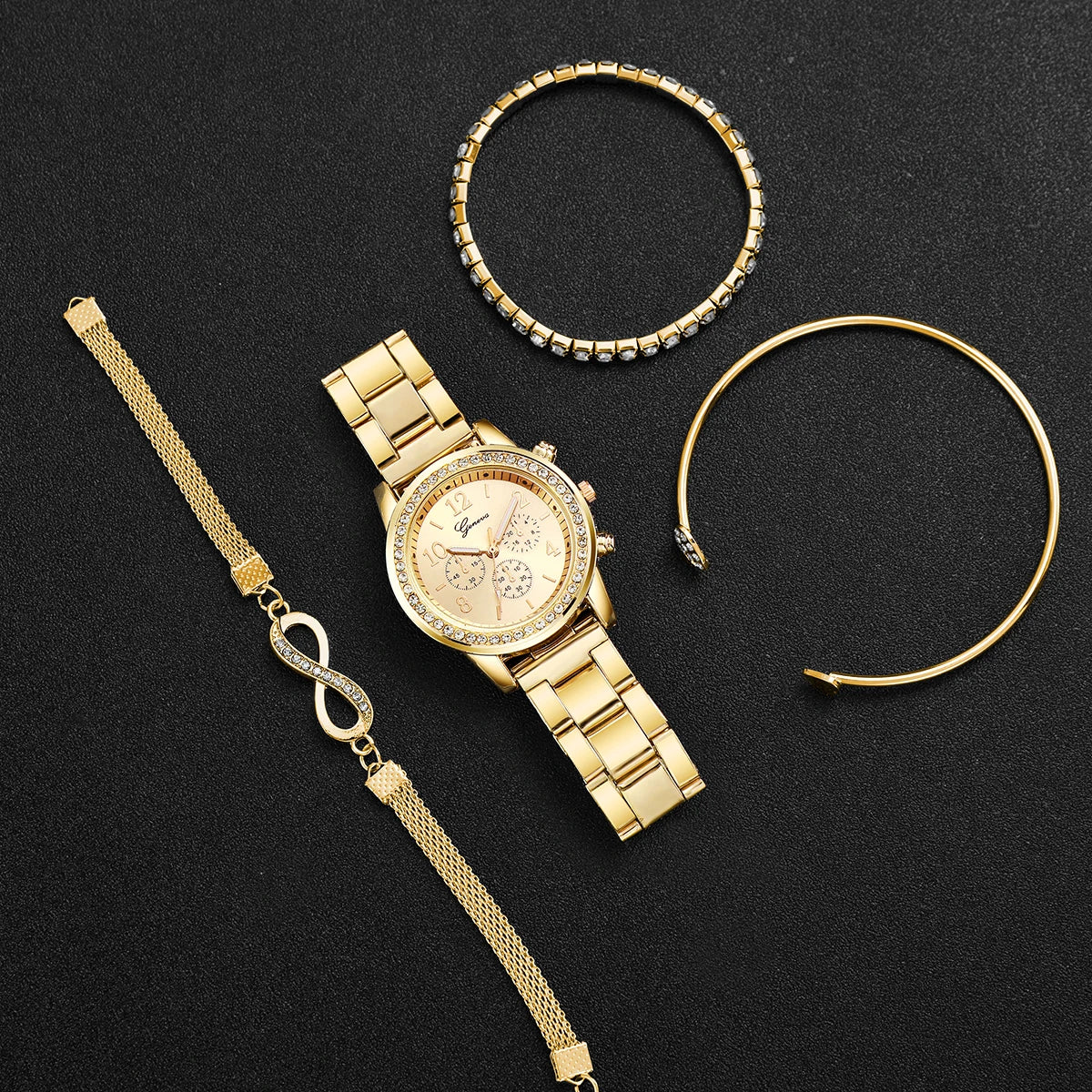 4-Piece Rhinestone Watch & Stackable Bracelet Set | 36-38mm Quartz Watch with 3 Bracelets