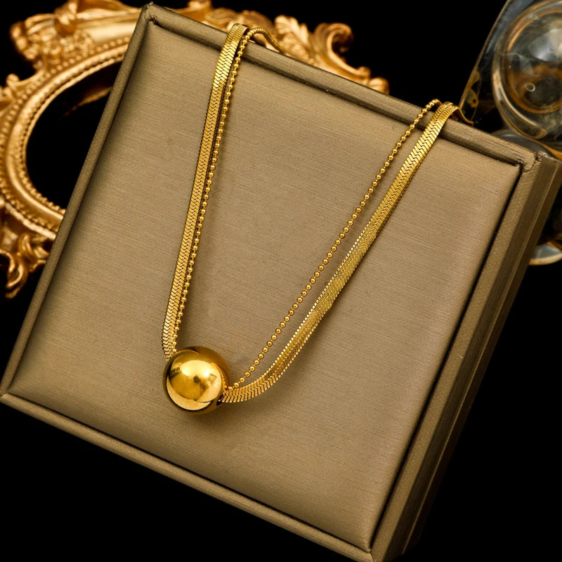 Solid Sphere Minimalist Necklace | Waterproof 316L Stainless Steel Gold Bead Link Chain