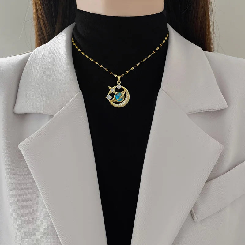 Star, Moon & Astronaut Pendant Necklace | Waterproof Titanium Steel with Zircon