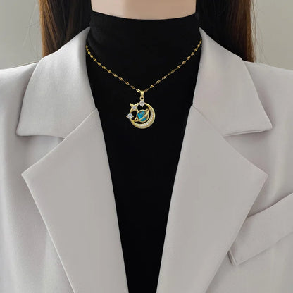 Star, Moon & Astronaut Pendant Necklace | Waterproof Titanium Steel with Zircon