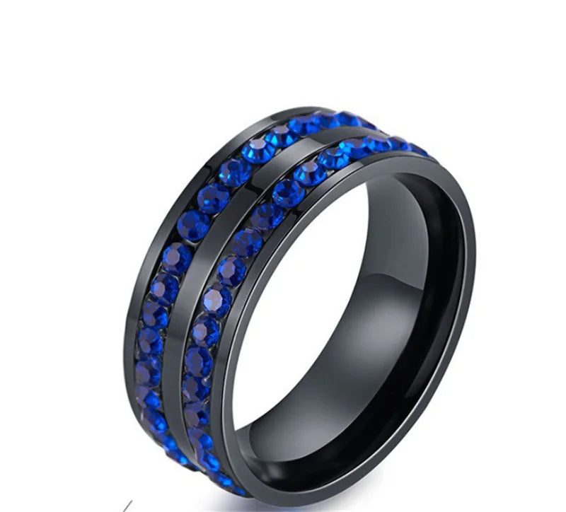 Matching Couple Rings | Black Stainless Steel & Blue Cubic Zirconia Bands