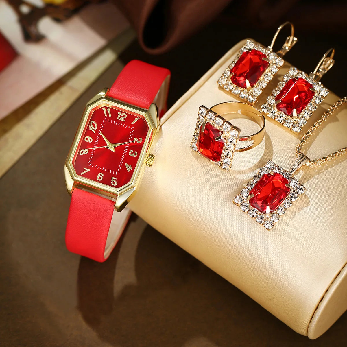 6-Piece Square Watch & Jewellery Set | 29mm Quartz Watch with Leather Strap, Necklace, Bracelet, Ring & Earrings