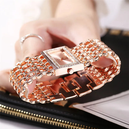 Gold-Tone Skeleton Cuff Watch | 35mm Wide Openwork Bangle with Square Rhinestone Dial