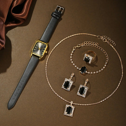 6-Piece Square Watch & Jewellery Set | 29mm Quartz Watch with Leather Strap, Necklace, Bracelet, Ring & Earrings
