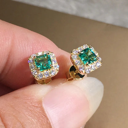 Green Cubic Zirconia Halo Stud Earrings | Gold-Tone Brass, Push-Back, 2.8g