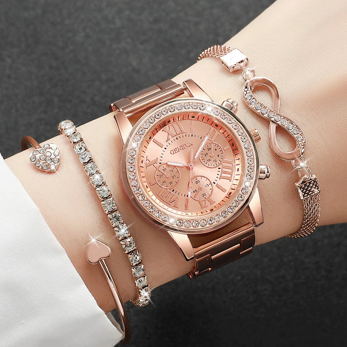 4-Piece Rhinestone Watch & Stackable Bracelet Set | 36-38mm Quartz Watch with 3 Bracelets