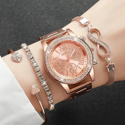 4-Piece Rhinestone Watch & Stackable Bracelet Set | 36-38mm Quartz Watch with 3 Bracelets