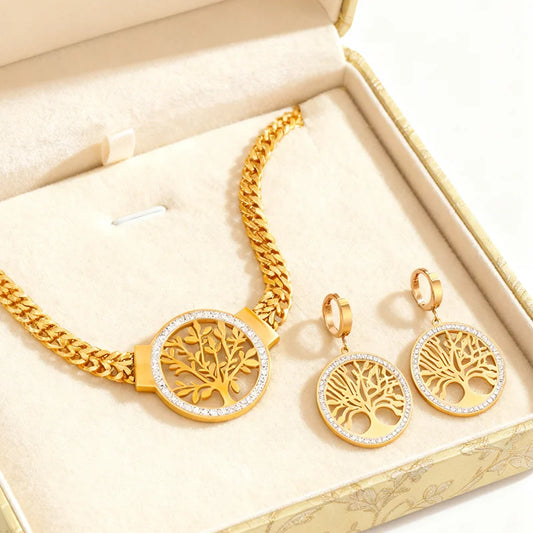 Tree of Life Luxury 316L Stainless Steel Set | Bold Thick Chain Necklace & Sparkling Zircon Earrings