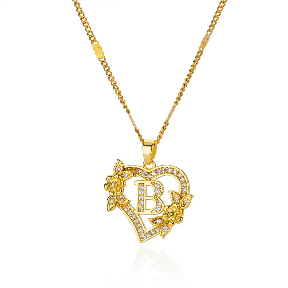 Initial Letter Heart Pendant Necklace | Zircon Flower & Personalised Letter, 316L Stainless Steel