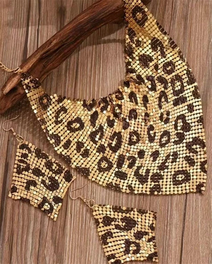 Leopard Print Faux-Leather Bib Necklace & Dangle Earrings Set