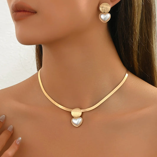 3pcs Gold-Tone Jewellery Set for Women | Heart & Geometric Necklace & Earrings