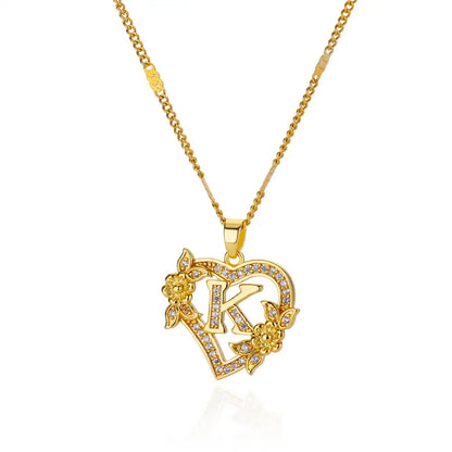 Initial Letter Heart Pendant Necklace | Zircon Flower & Personalised Letter, 316L Stainless Steel