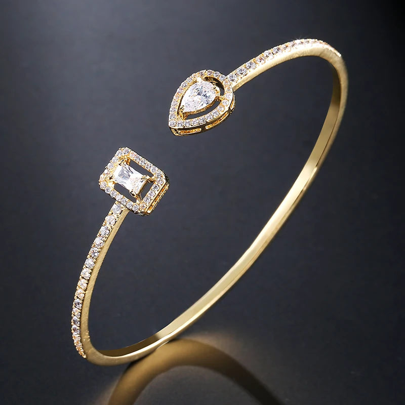 Geometric Gold Cuff Bangle | AAA+ Cubic Zirconia Tension Setting, Copper, 7g