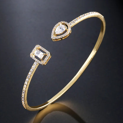 Geometric Gold Cuff Bangle | AAA+ Cubic Zirconia Tension Setting, Copper, 7g