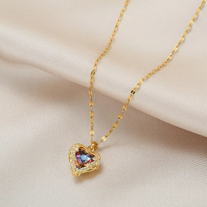 Colourful Crystal Heart Pendant Necklace | 18K Gold-Plated 316L Stainless Steel