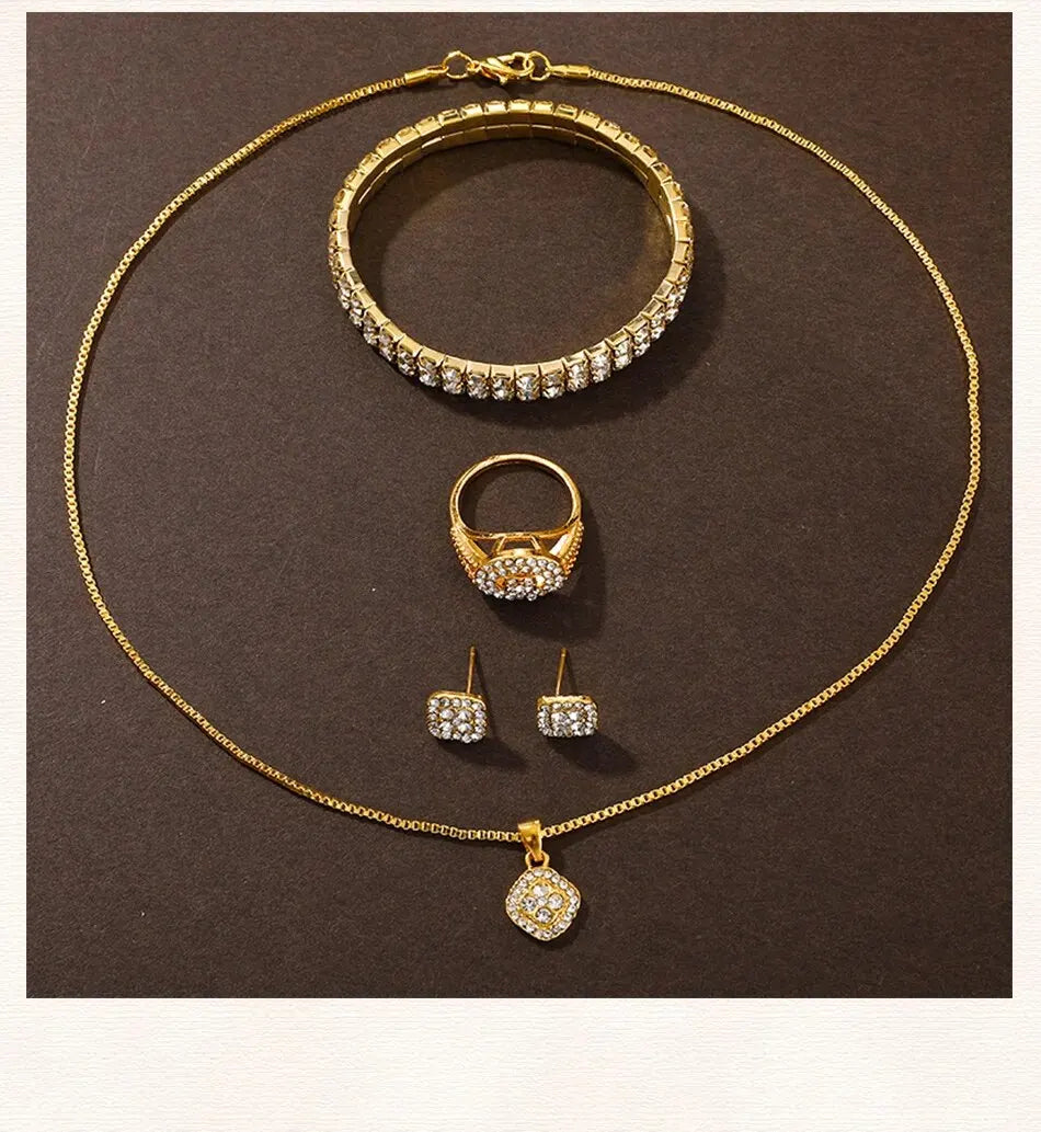 Golden Prestige 6-Piece Luxury Collection | Roman Numeral Watch & Rhinestone Jewelry Ensemble