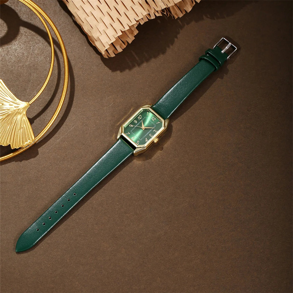 6-Piece Square Watch & Jewellery Set | 29mm Quartz Watch with Leather Strap, Necklace, Bracelet, Ring & Earrings