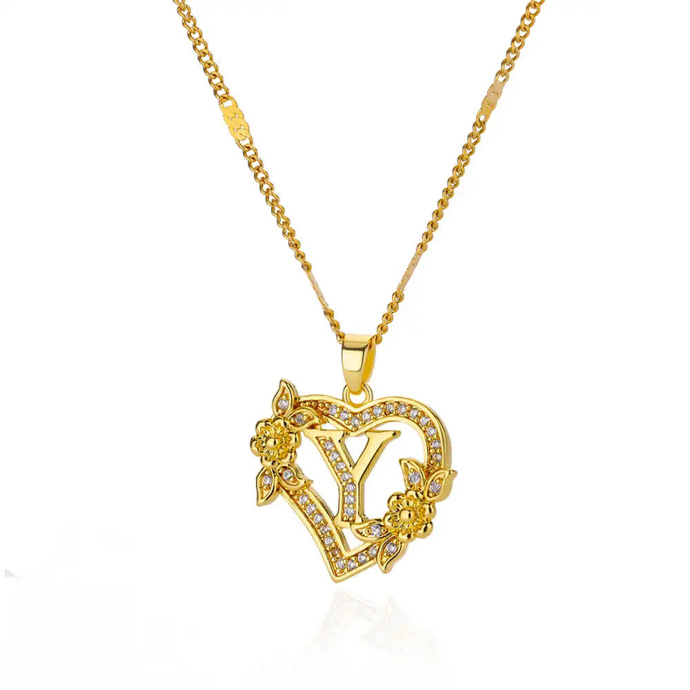 Initial Letter Heart Pendant Necklace | Zircon Flower & Personalised Letter, 316L Stainless Steel