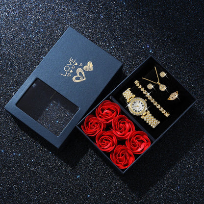 6-Piece Roman Numeral Watch & Jewellery Set | Rhinestone Watch, Necklace, Bracelets, Ring & Earrings