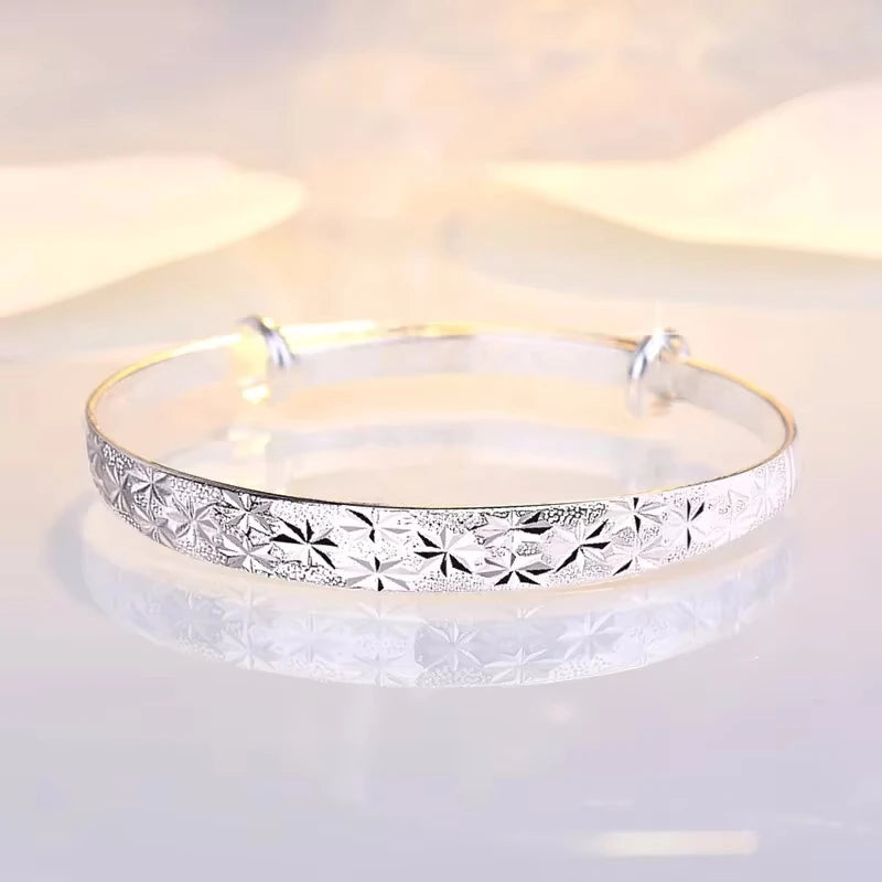 Star Pattern 925 Sterling Silver Resizable Bangle | Tarnish-Resistant Star Cuff for Women
