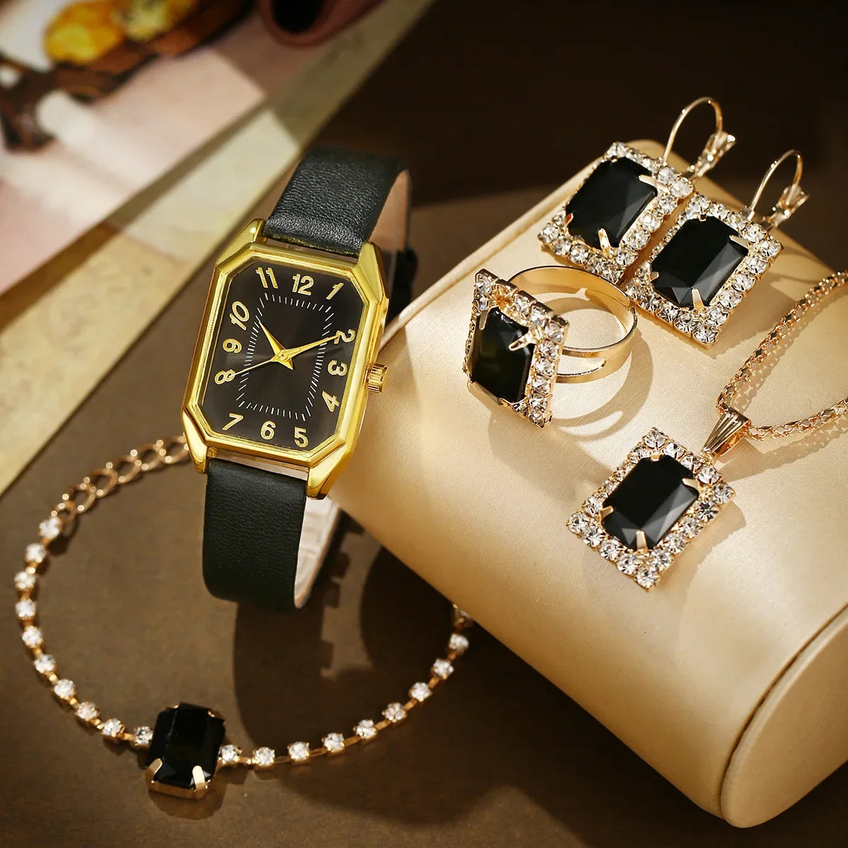 6-Piece Square Watch & Jewellery Set | 29mm Quartz Watch with Leather Strap, Necklace, Bracelet, Ring & Earrings