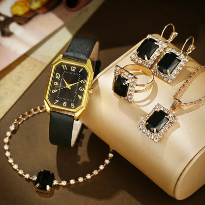 6-Piece Square Watch & Jewellery Set | 29mm Quartz Watch with Leather Strap, Necklace, Bracelet, Ring & Earrings