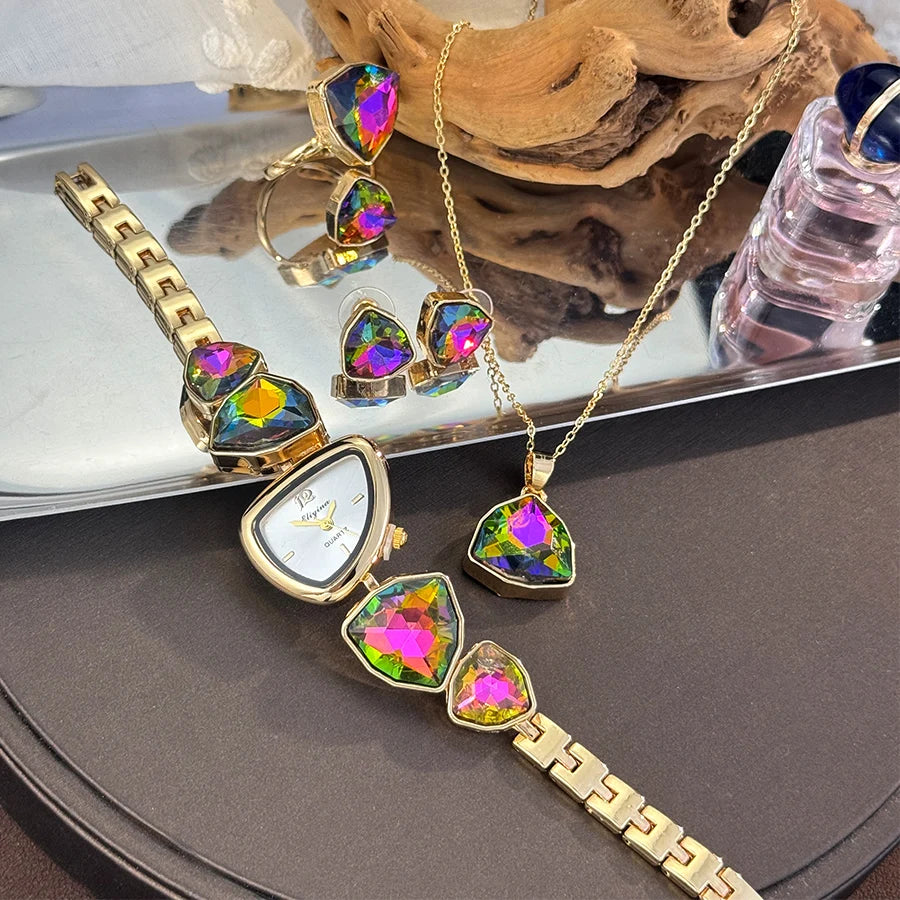 4-Piece Colourful Crystal Watch & Jewellery Set | Irregular Shape Quartz Watch, Necklace, Ring & Earrings