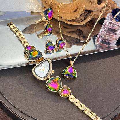 4-Piece Colourful Crystal Watch & Jewellery Set | Irregular Shape Quartz Watch, Necklace, Ring & Earrings