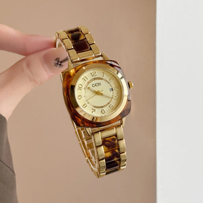 Square Amber Dial Watch | Stainless Steel Bracelet with Date Calendar & Arabic Numerals