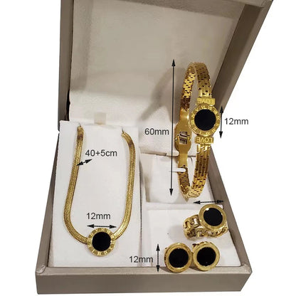 4-Piece Roman Numeral Jewellery Set | 316L Stainless Steel Gold-Tone Necklace, Earrings, Bracelet & Ring